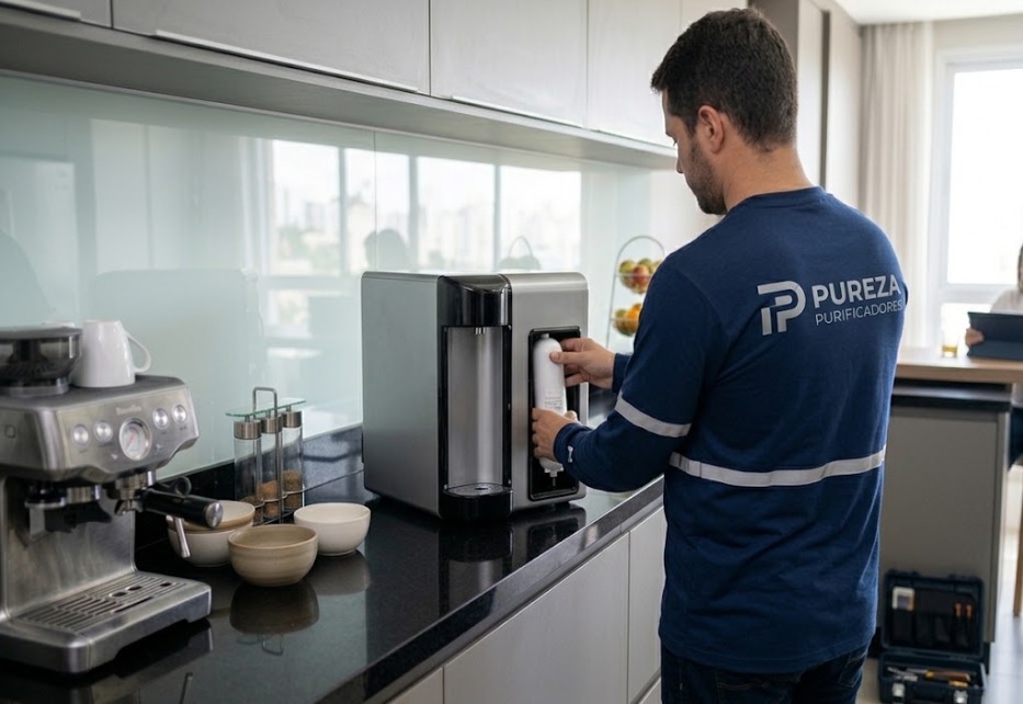 Técnico Pureza Purificadores realizando manutenção de purificador